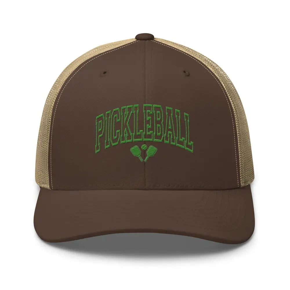 Brown and tan pickleball embroidered trucker hat with crossed paddles in green, stylish mesh back