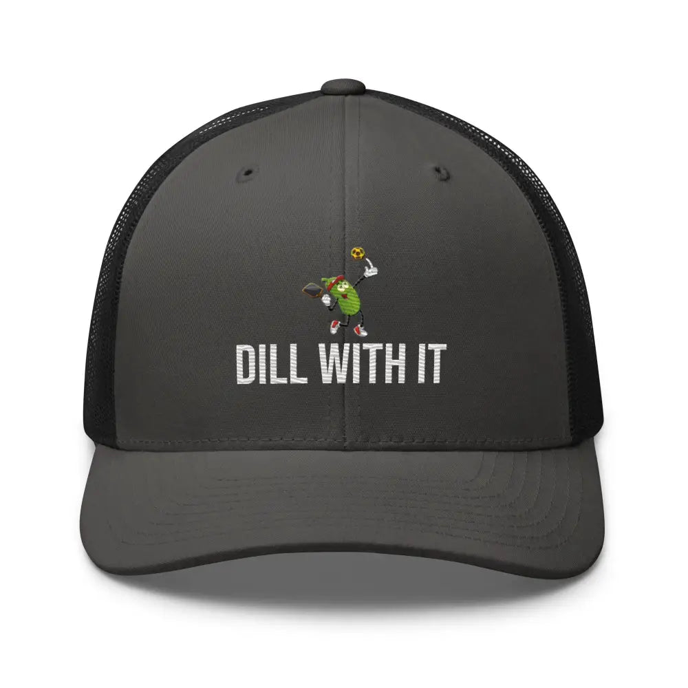 Dark grey pickleball embroidered trucker hat with pickle and DILL WITH IT embroidery by Trini Skies