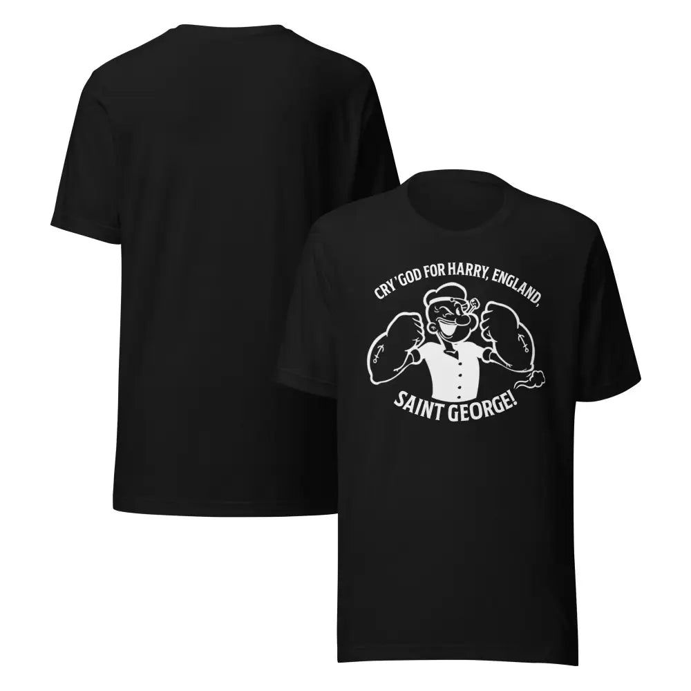 Black short-sleeve graphic tee cartoon featuring a cartoon character and text front view
