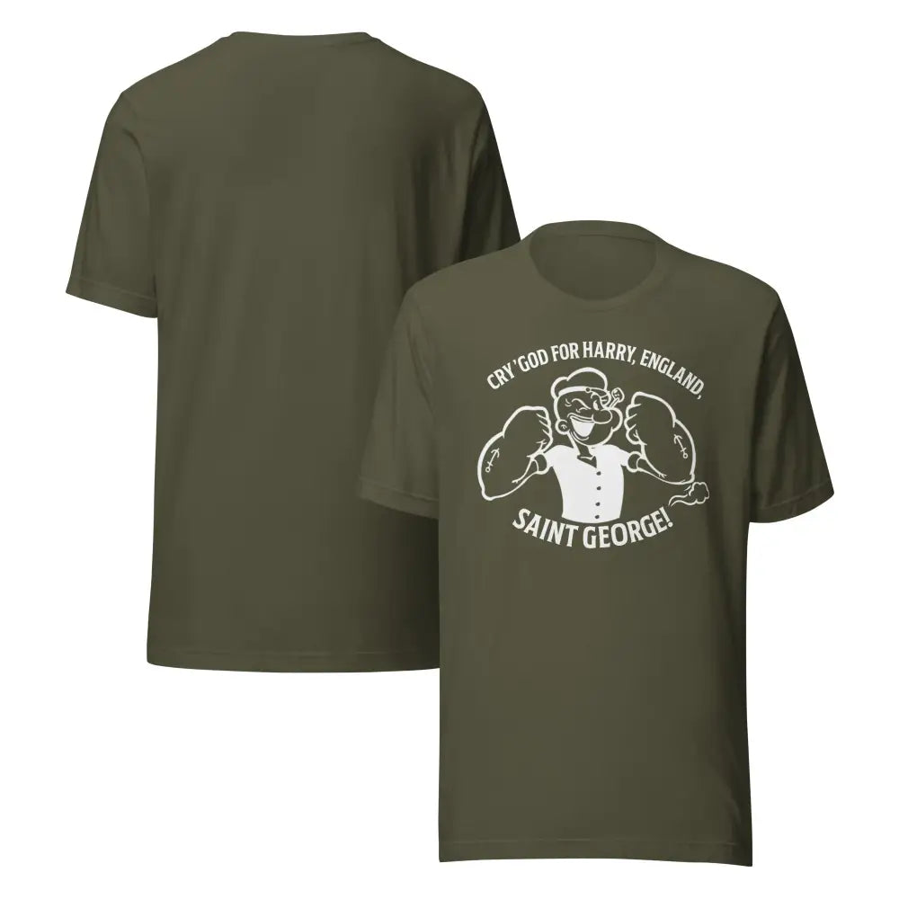 Olive green short-sleeve graphic tee cartoon with Saint George and Cry God for Harry text