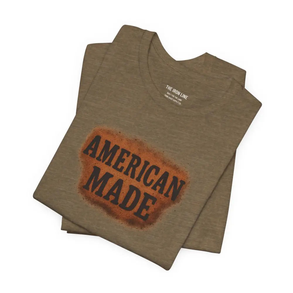 Brown short-sleeved T-shirt with American Made graphic from Trini Skies Supply