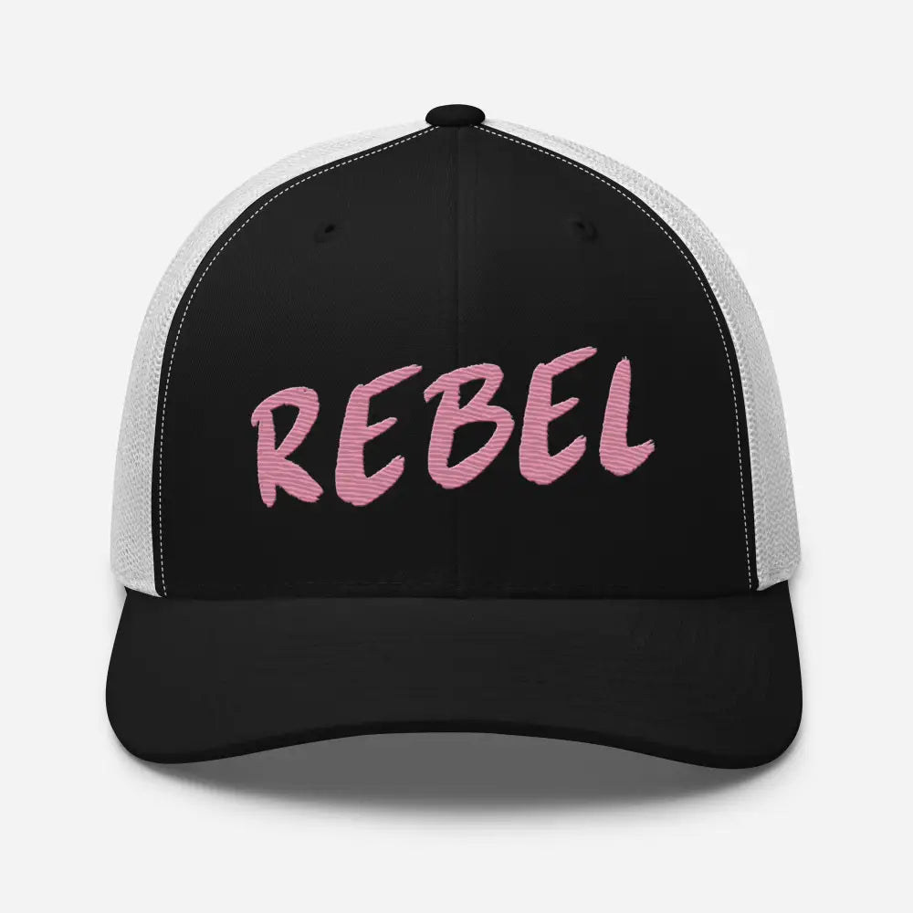 Black rebel spirit trucker hat with pink embroidered Rebel embroidery and mesh back