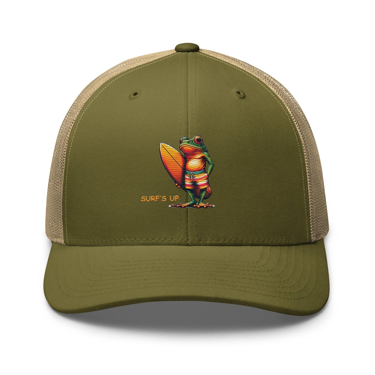 Surfs Up Surfing Frog Embroidered Trucker Cap by Trini Skies, Adjustable Mesh Back Cap