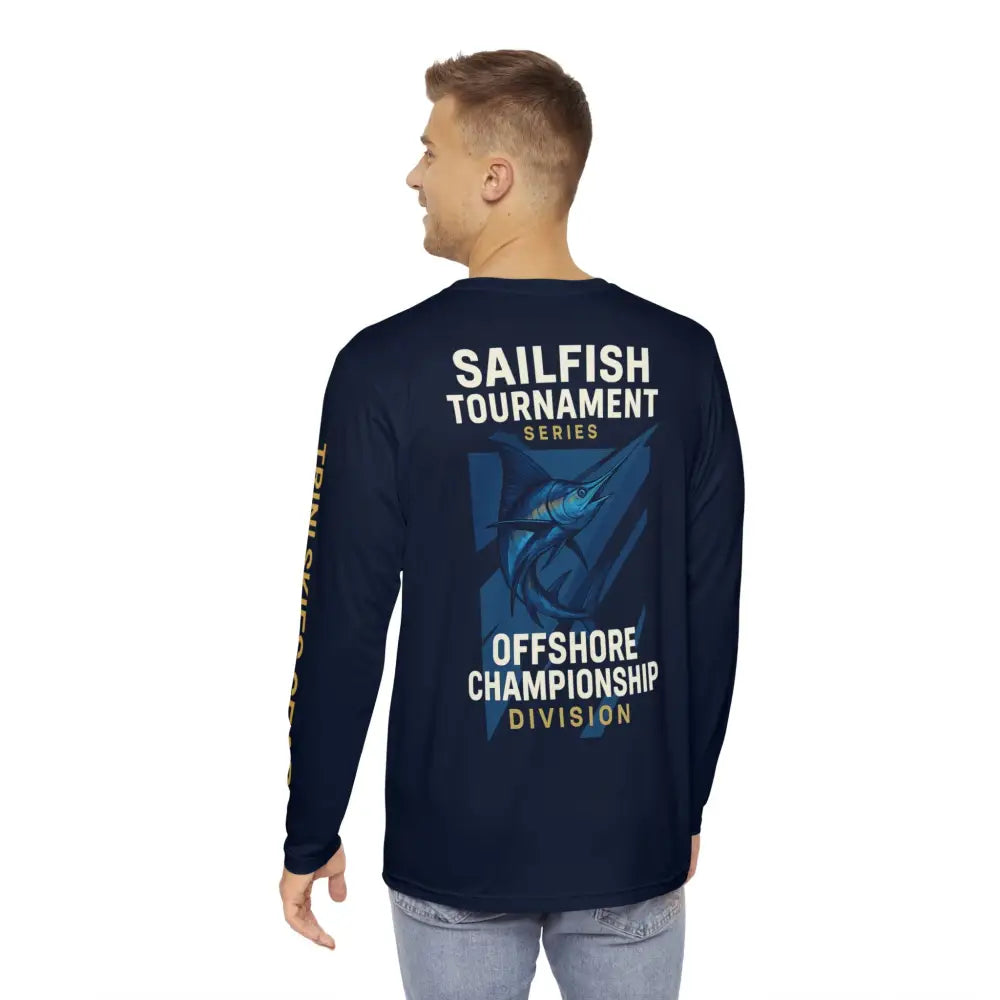 Men’s navy blue long-sleeve Sailfish Tournament Graphic Tee for fishing adventure long
