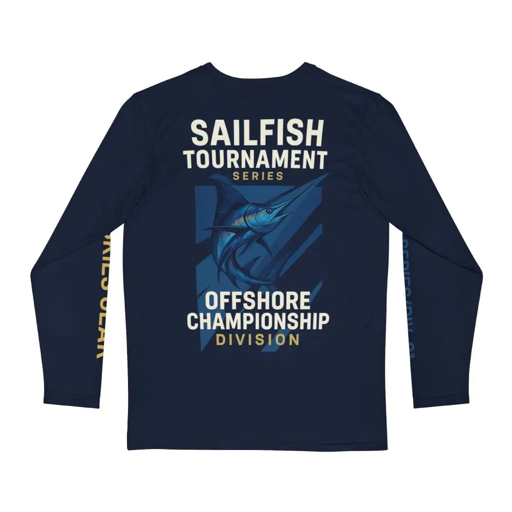Navy blue performance fishing shirt with sailfish graphic for fishing adventure long trips