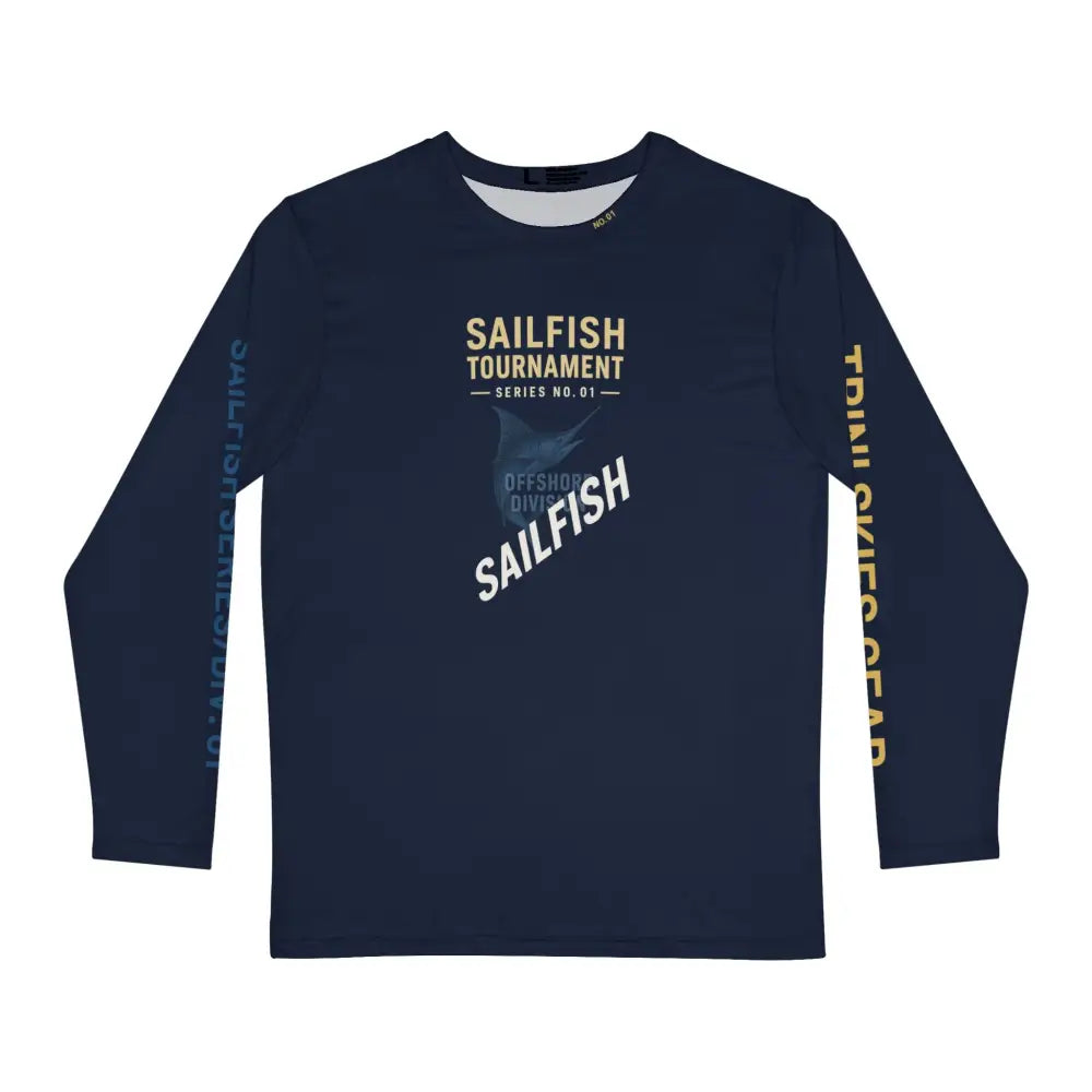 Navy blue fishing shirt with sailfish design, perfect for fishing adventure long trips