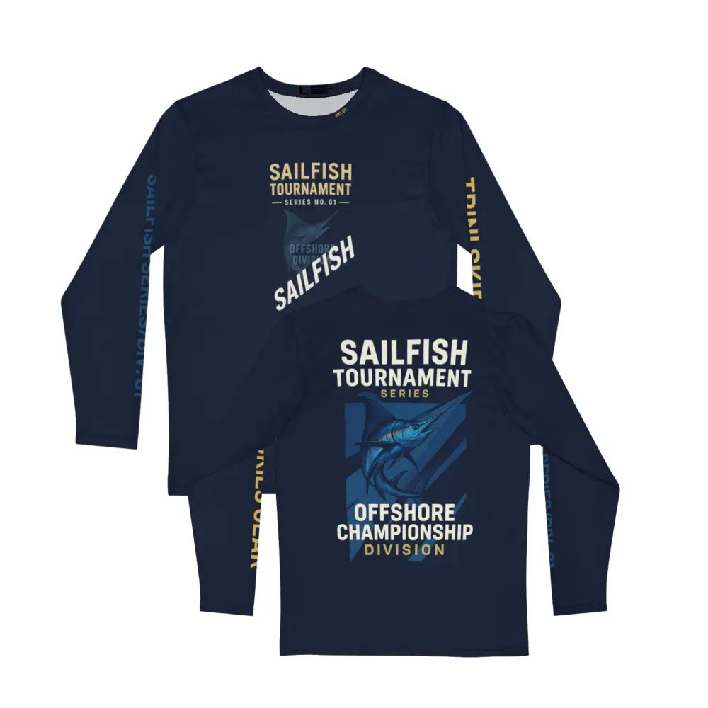 Navy blue long-sleeve fishing shirt with sailfish design for fishing adventure long trips