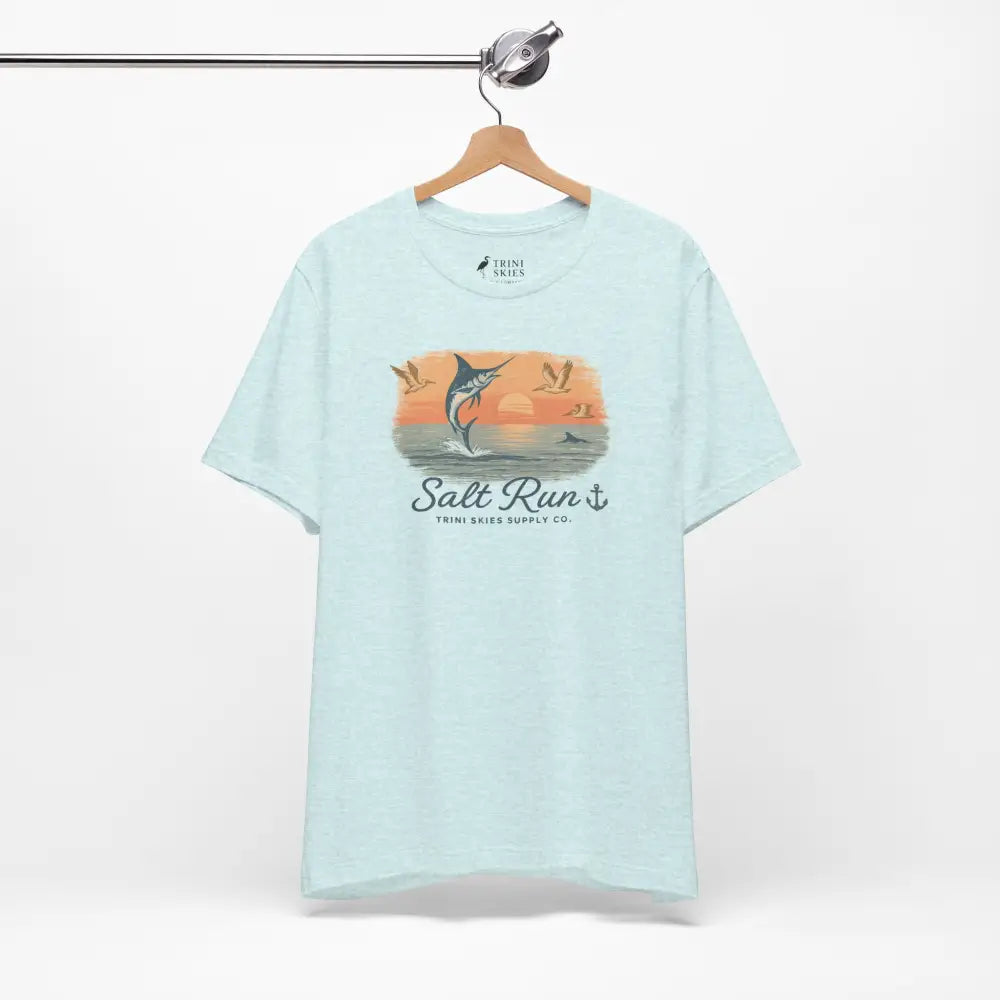 Light blue Salt Run Legacy Bella+Canvas t-shirt with marlin jumping water graphic