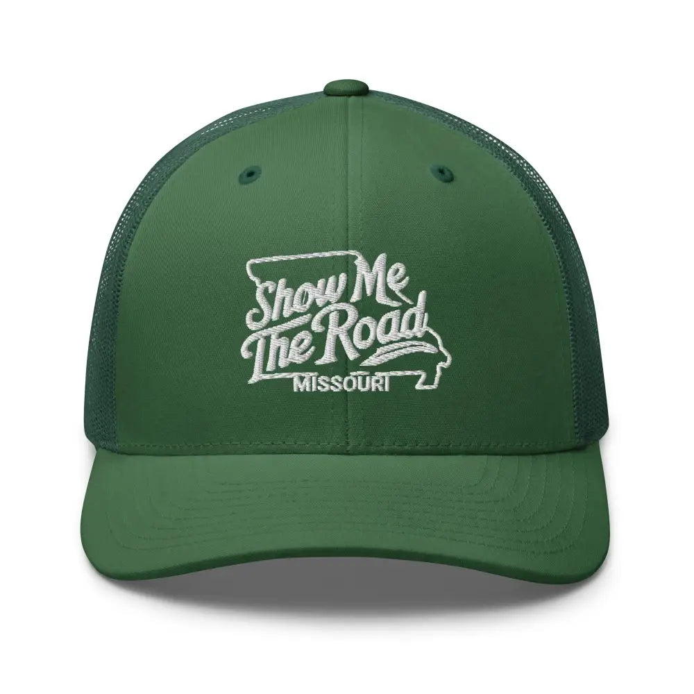 Green Missouri trucker cap with white embroidered design made from durable corduroy