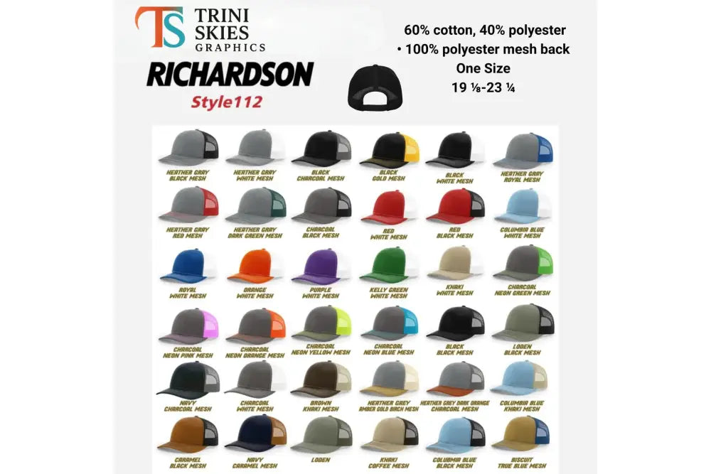 Richardson Style 112 trucker hats with skeleton campfire embroidered patch in various colors