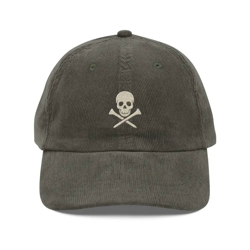 Olive green embroidered corduroy Skull Golf dad hat with crossed golf tees logo