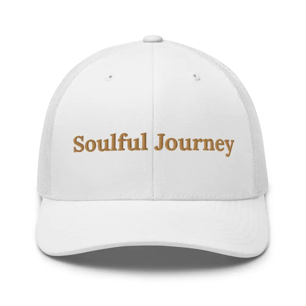 White trucker hat with gold embroidered lettering from Trini Skies Soulful Journey Embroidered Trucker Cap Mesh