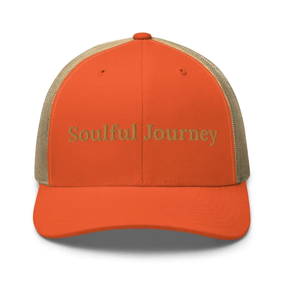 Orange and tan mesh trucker cap with soulful journey embroidered design by Trini Skies