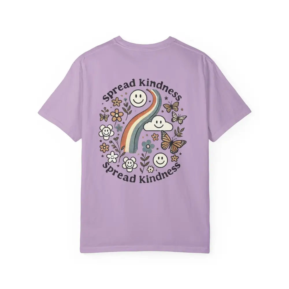 Lavender Spread Kindness Comfort graphic tee with colorful back design, perfect for making America great