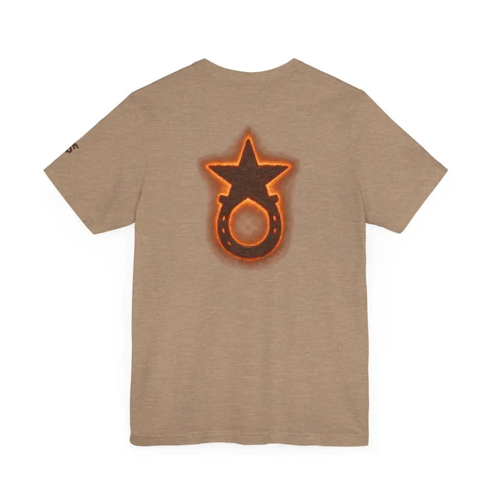 Tan short-sleeve T-shirt with brown star and horseshoe logo from Trini Skies Supply