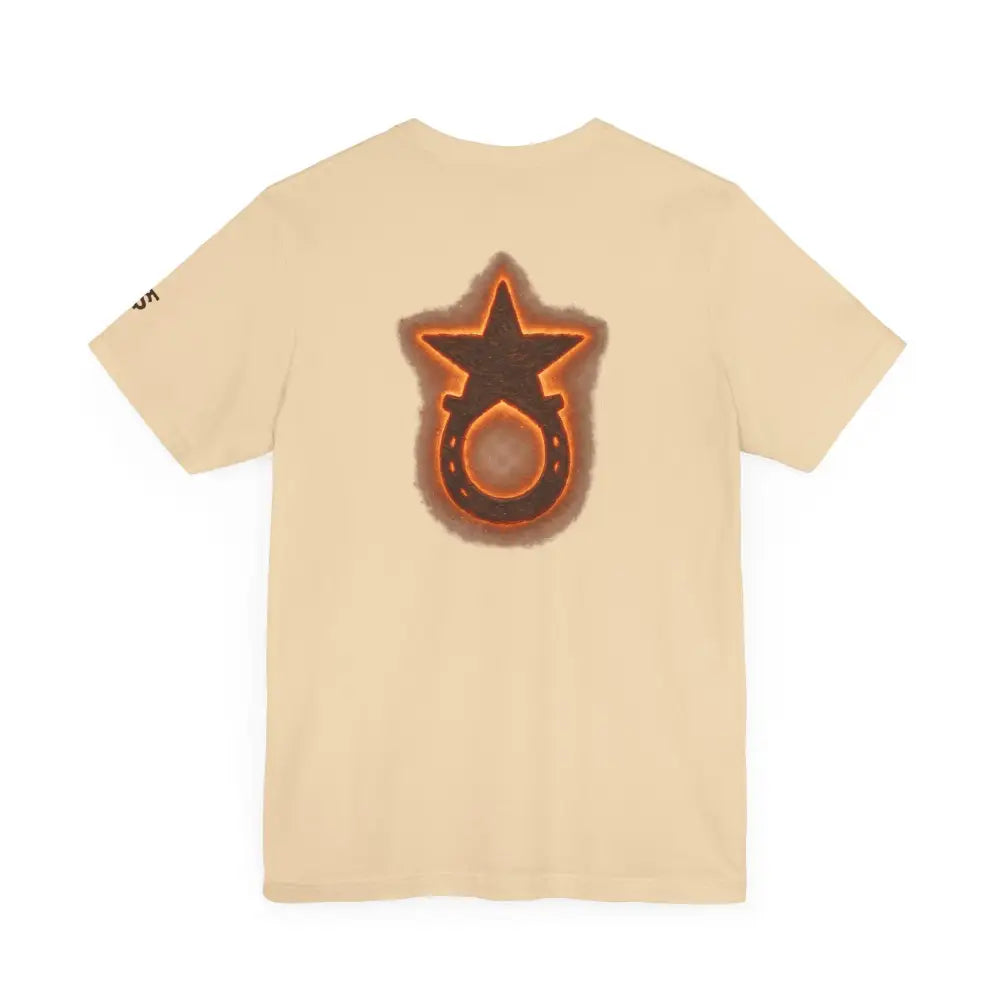 Light brown short-sleeve T-shirt with burnt orange star and horseshoe graphic by Trini Skies Supply