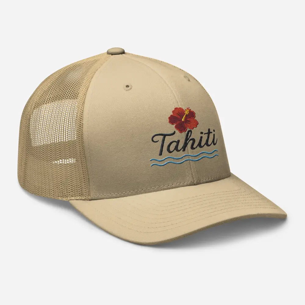Khaki trucker hat with hibiscus flower and Tahiti embroidery, tropical embroidered hat