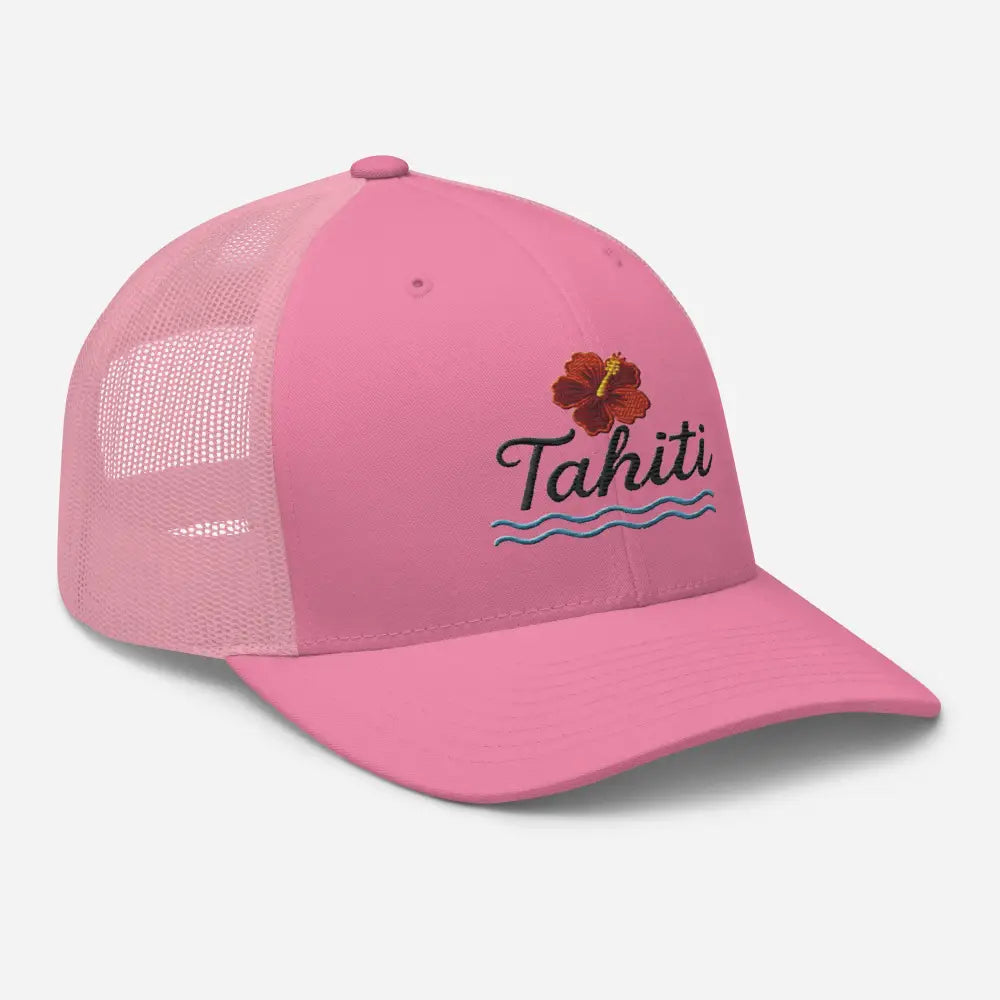 Pink mesh-back baseball cap with hibiscus flower and Tahiti embroidery, tropical embroidered hat