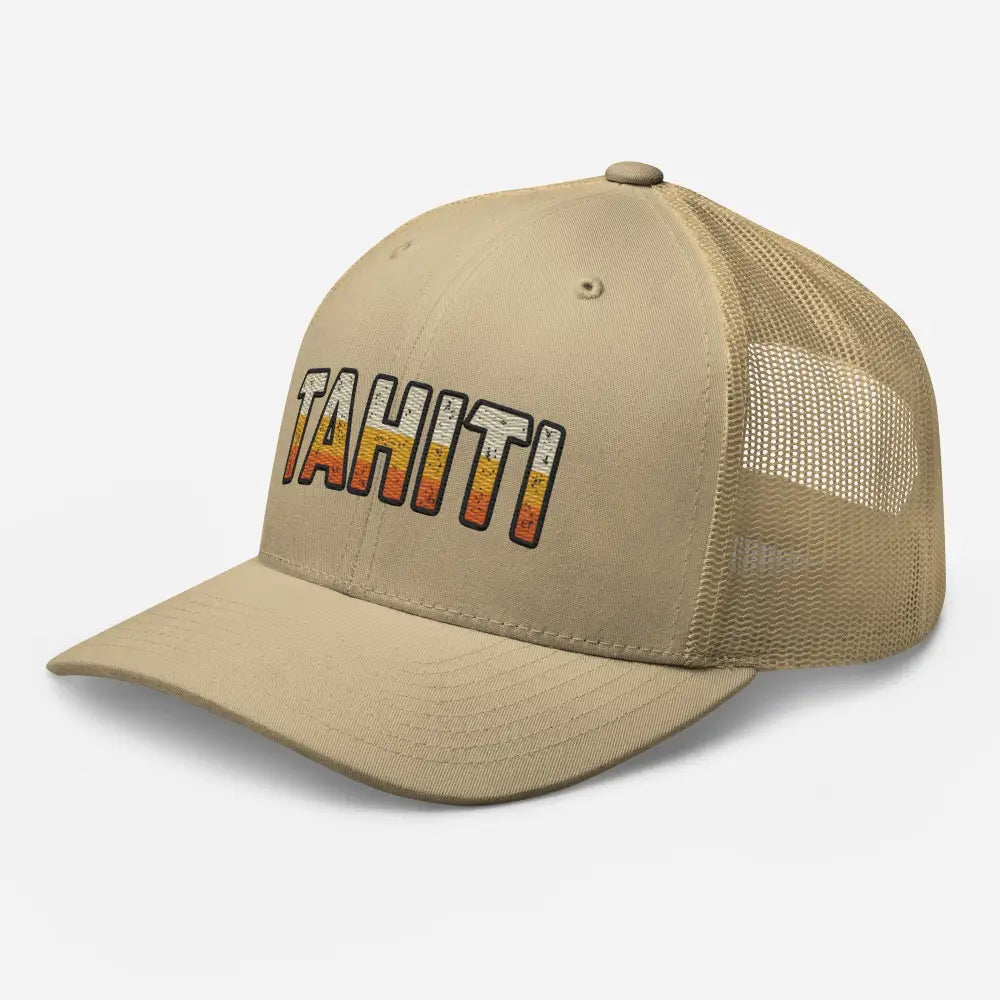 Tan Tahiti trucker hat with colorful distressed Tahiti embroidery, perfect summer surf style