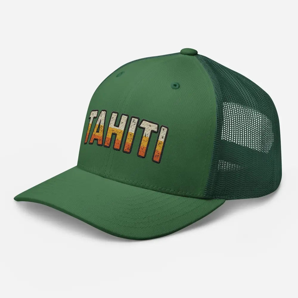 Green tahiti trucker hat with distressed retro-style Tahiti lettering and sunset gradient embroidery