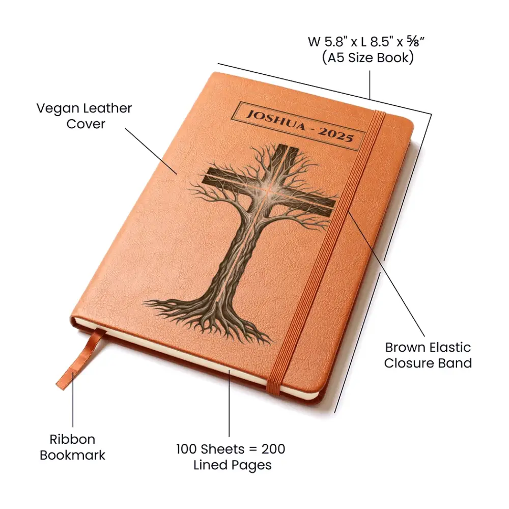 Brown Vegan Leather Tree Cross Journal with Ribbon Bookmark and 200 Lined Pages