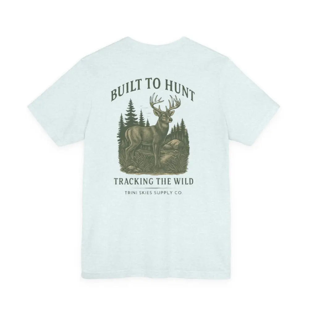 Light blue Trini Skies Supply vintage-inspired buck illustration premium hunting shirt with forest design