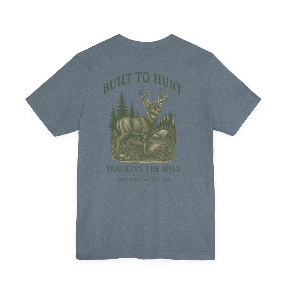 Blue-gray short-sleeve T-shirt with vintage-inspired buck illustration by Trini Skies Supply