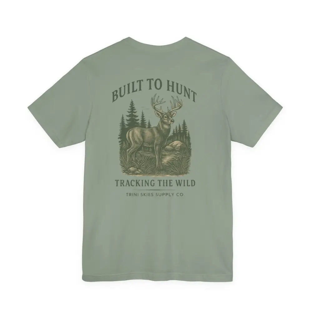Sage green Trini Skies Supply premium hunting shirt with vintage-inspired buck illustration
