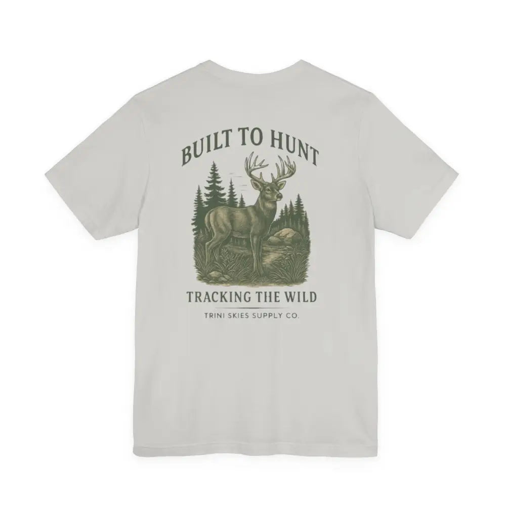 Light gray Trini Skies Supply hunting tee with vintage-inspired buck illustration on back