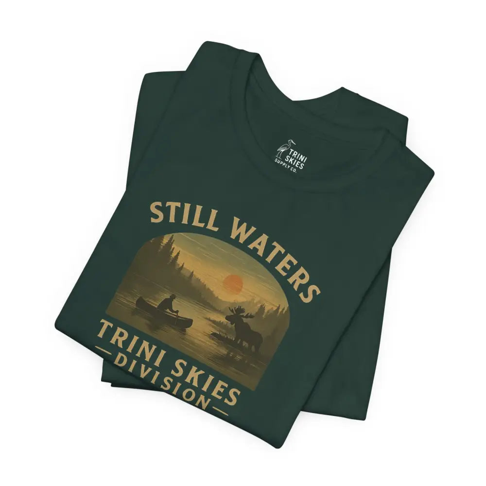 Dark green Trini Skies Division Lake Series Captures Canoe Graphic Tee with nature-themed design