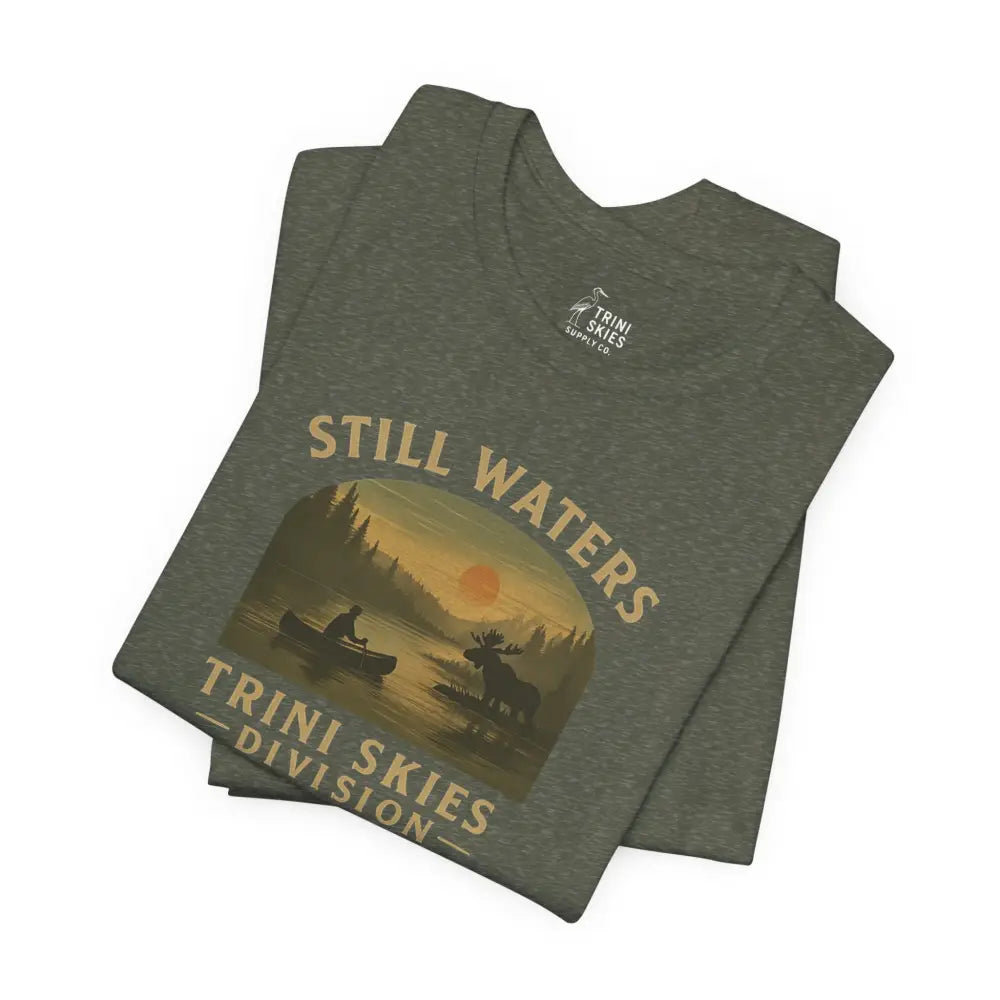 Olive green Trini Skies Division Lake Series Captures Canoe Graphic Tee with nature-themed design