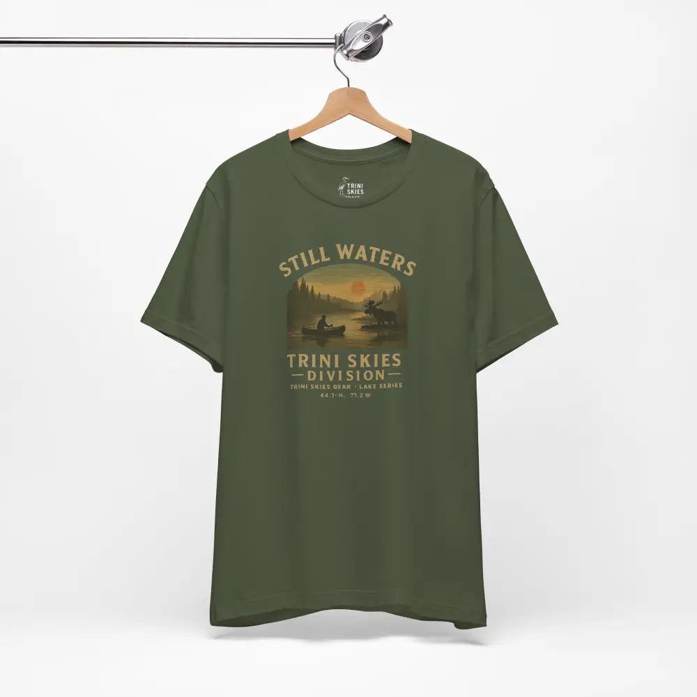 Olive green short-sleeved T-shirt with waters run deep graphic from Trini Skies Division Lake Series Captures
