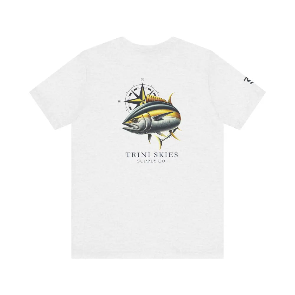 White Trini Skies Offshore Compass Tuna Fishing T-shirt with yellowfin tuna and compass design