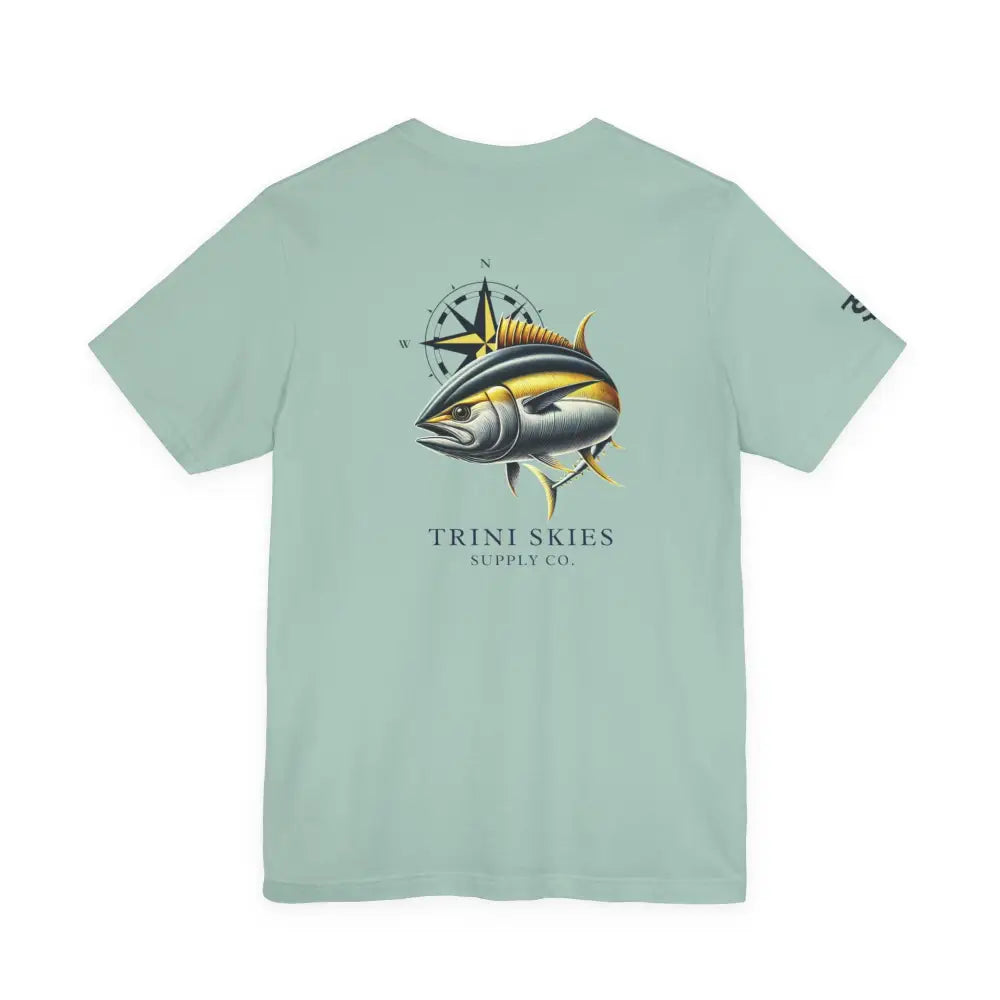 Light green Trini Skies Offshore Compass Tuna Fishing T-Shirt with tuna fish and compass design