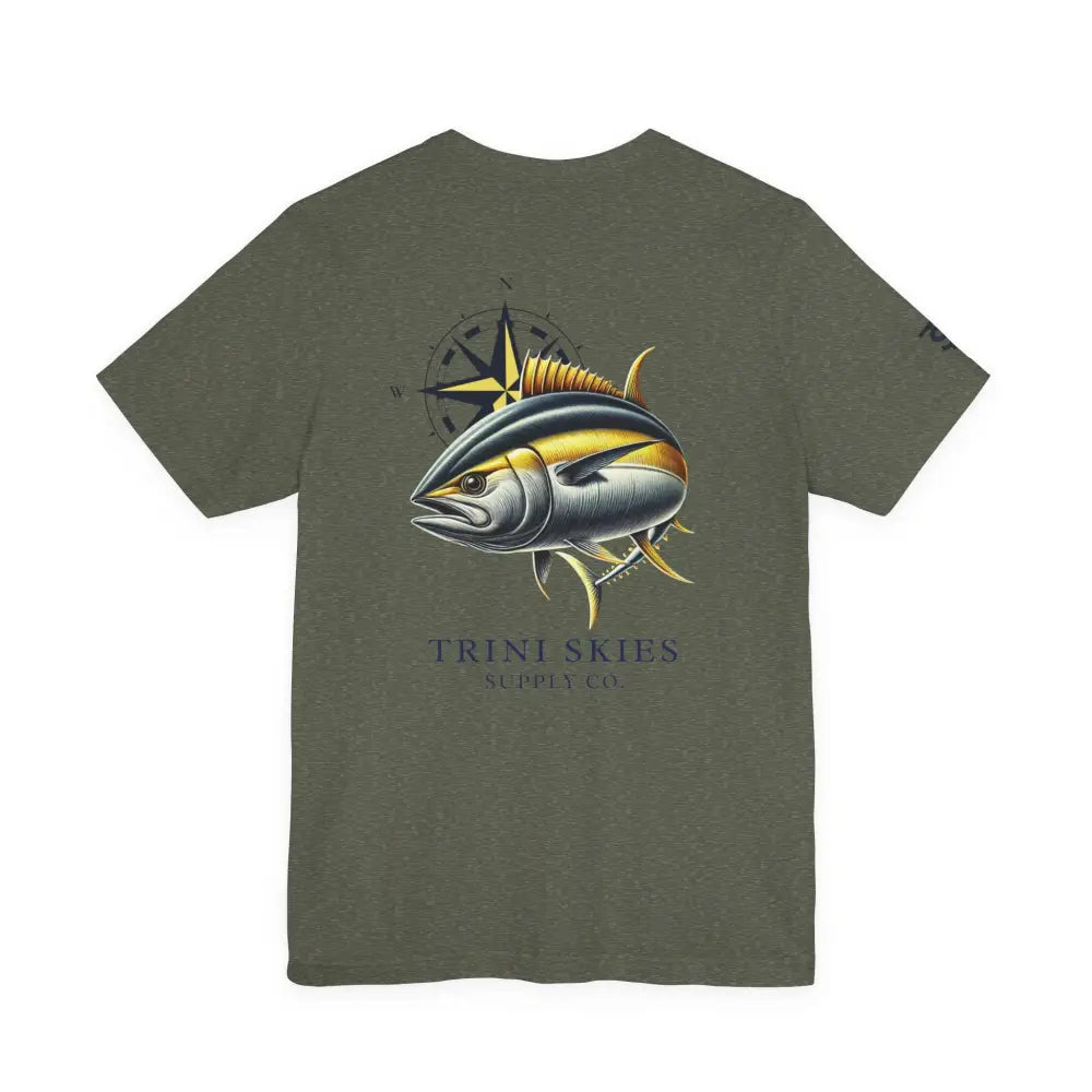 Olive green Trini Skies Supply tuna fishing t-shirt with offshore compass and fish graphic