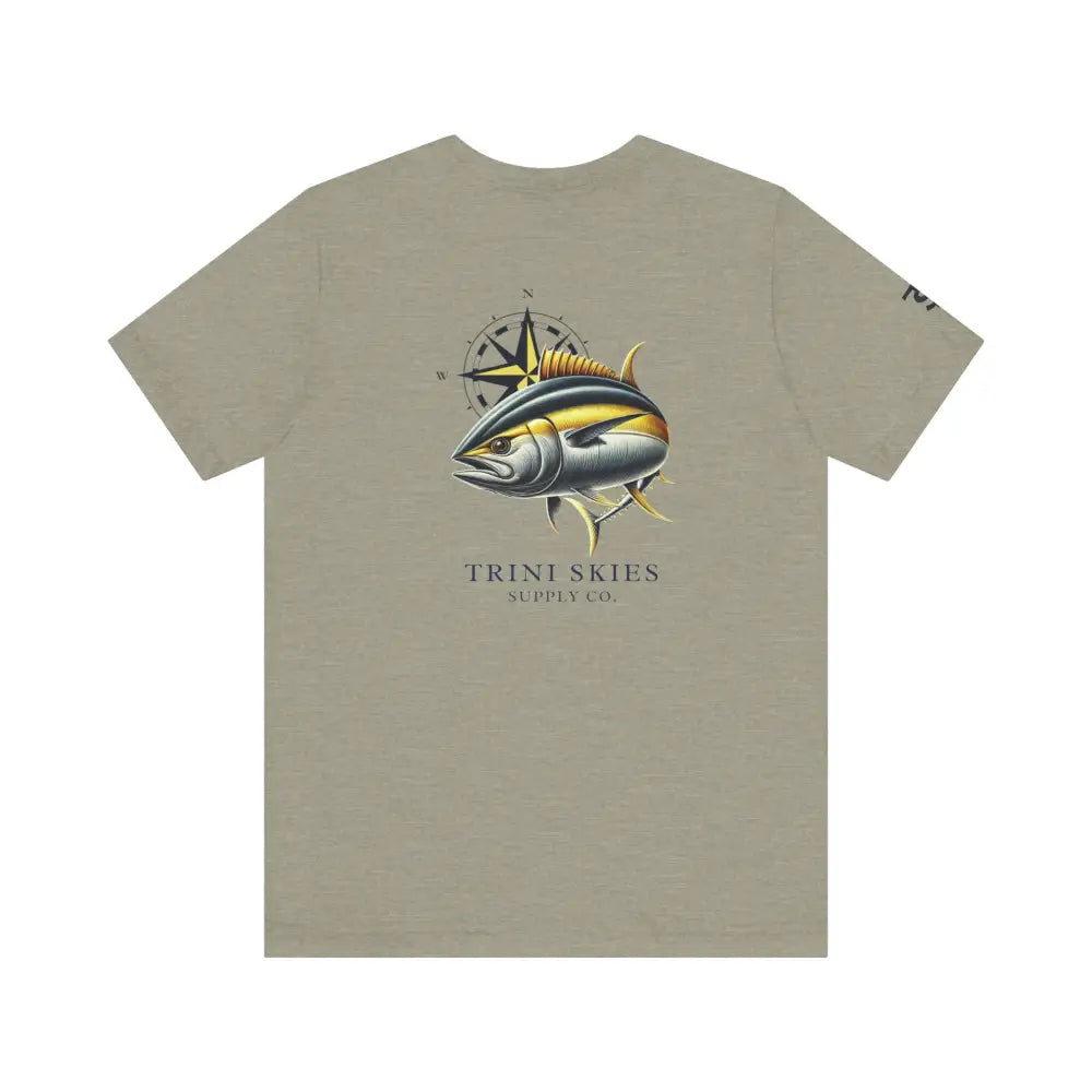 Pale olive green Trini Skies Offshore Compass Tuna Fishing T-Shirt with tuna and compass design