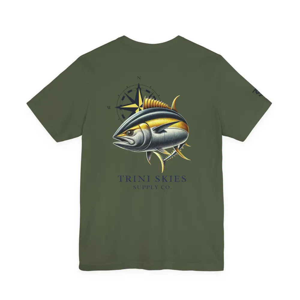 Dark olive green tuna fishing t-shirt with offshore compass design from Trini Skies Supply