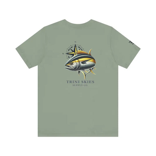 Sage green short-sleeve crewneck tuna fishing t-shirt with offshore compass tuna graphic from Trini Skies Supply