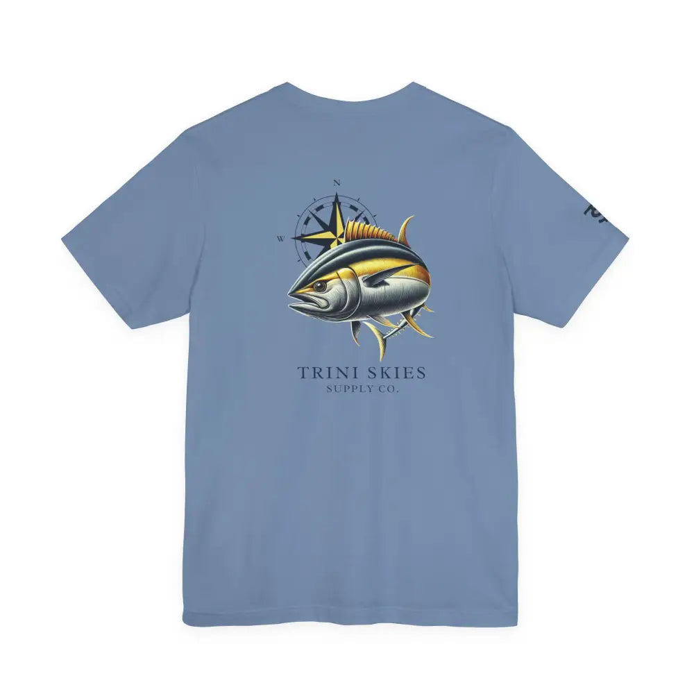 Light blue Trini Skies Offshore Compass Tuna Fishing T-Shirt with tuna and compass design