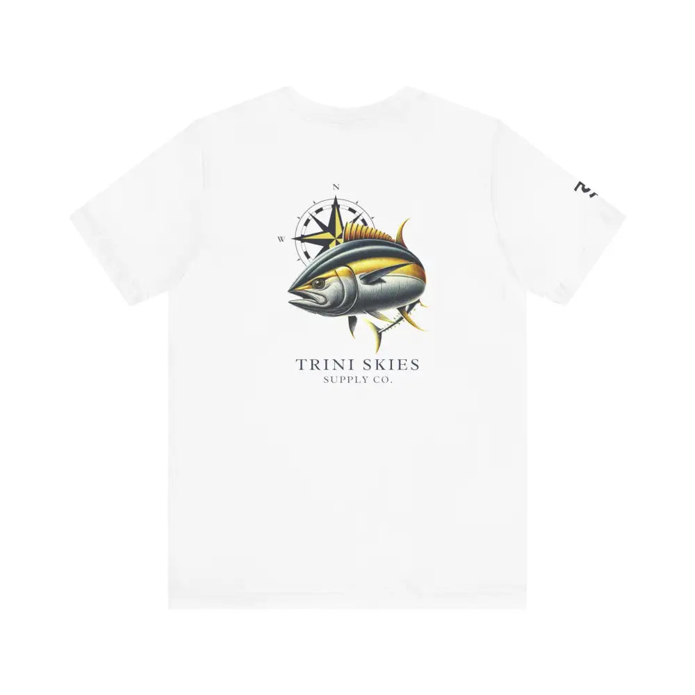 White short-sleeved Trini Skies Offshore Compass Tuna fishing T-shirt with fish and compass design