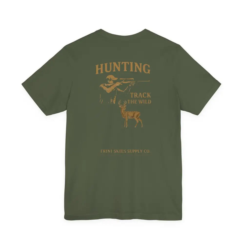 Olive green short-sleeved hunting graphic tee from Trini Skies Supply with hunting track design