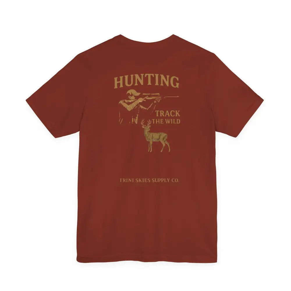 Trini Skies Supply hunting track graphic short-sleeved rust tee with deer design
