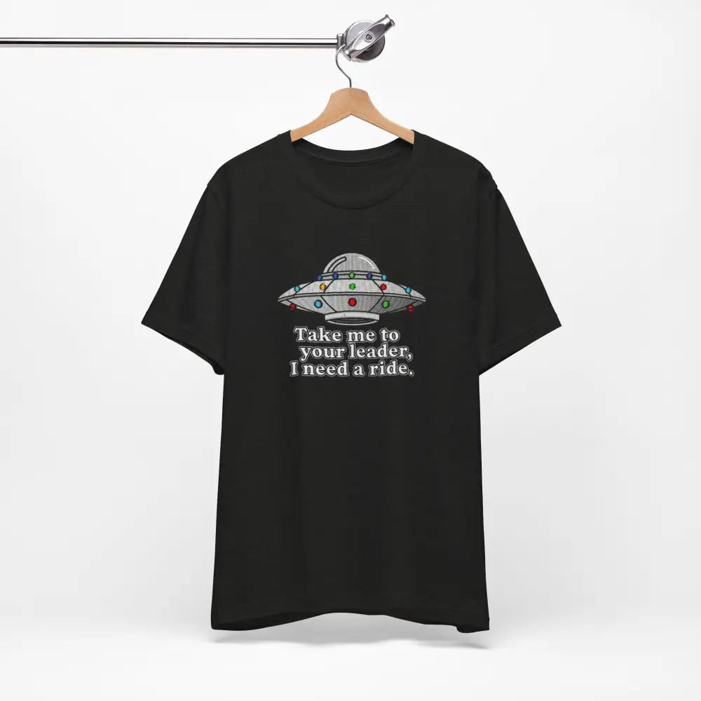 Black UFO graphic tee with humorous alien design, perfect for gamers and sci-fi fans