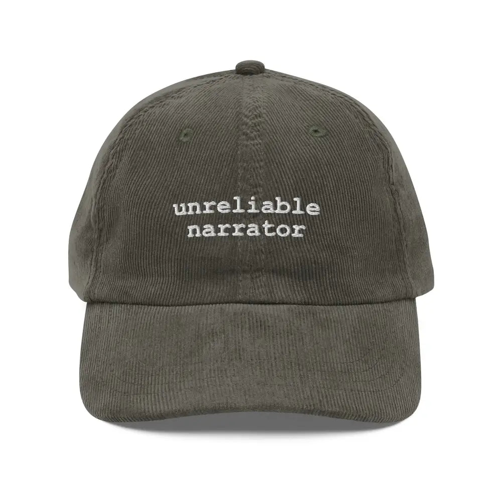 Olive green unreliable narrator embroidered corduroy hat by Trini Skies