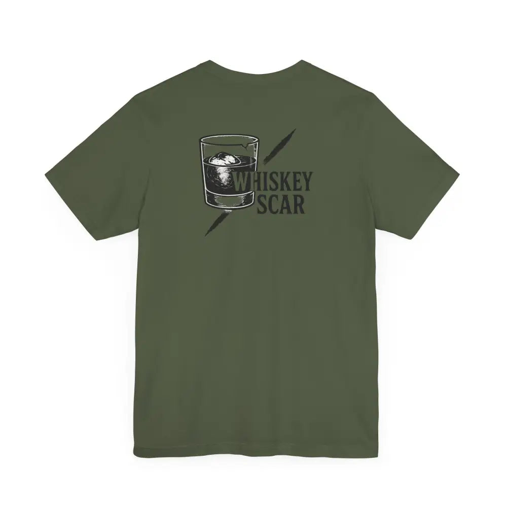 Olive green Whiskey Scar Graphic Tee from Trini Skies Iron Line Series with embroidered corduroy