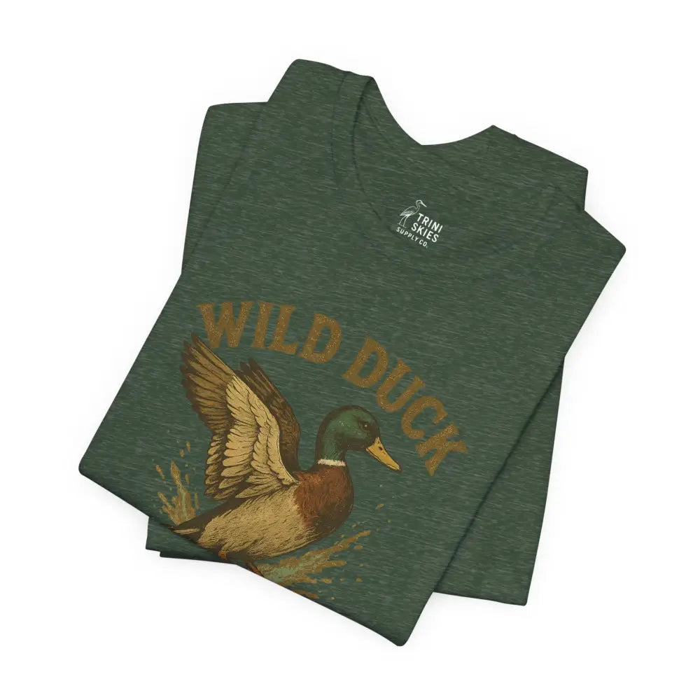 Dark green Wild Duck Shirt with mallard graphic and WILD DUCK in gold, Trini Skies style