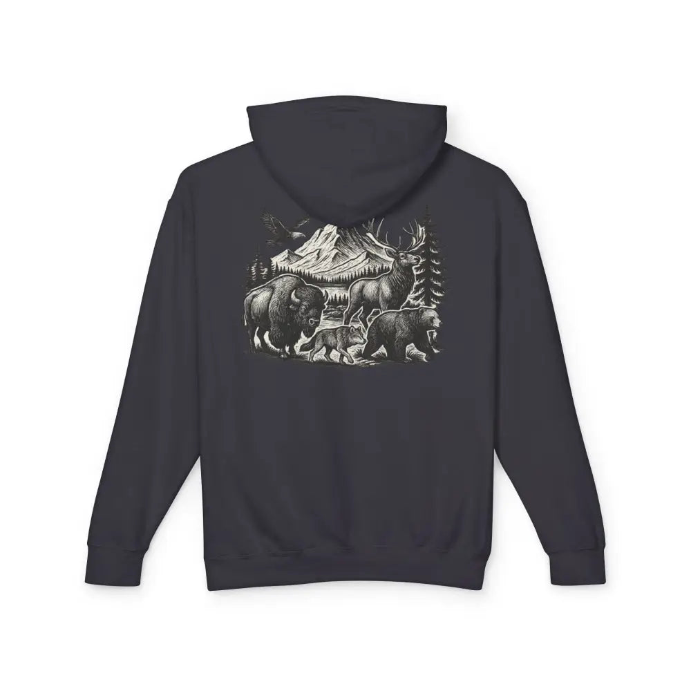 Dark grey wildlife mountain scene hoodie with Trini Skies graphic for outdoor camping style