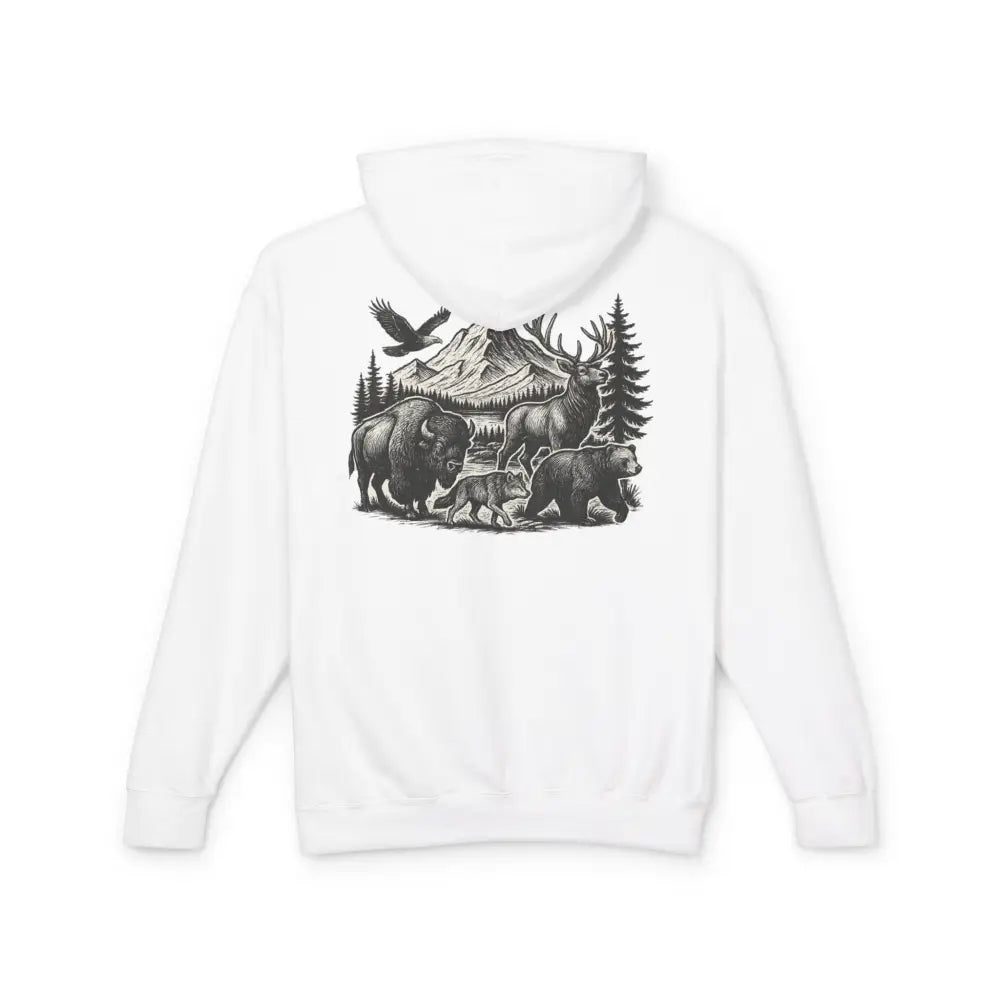 White wildlife mountain scene hoodie with black and white nature graphic design