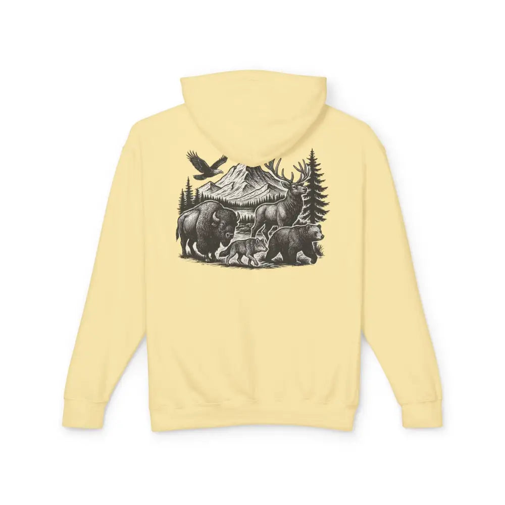 Pale yellow wildlife mountain scene hoodie with bison, elk, bear, wolf, and eagle design