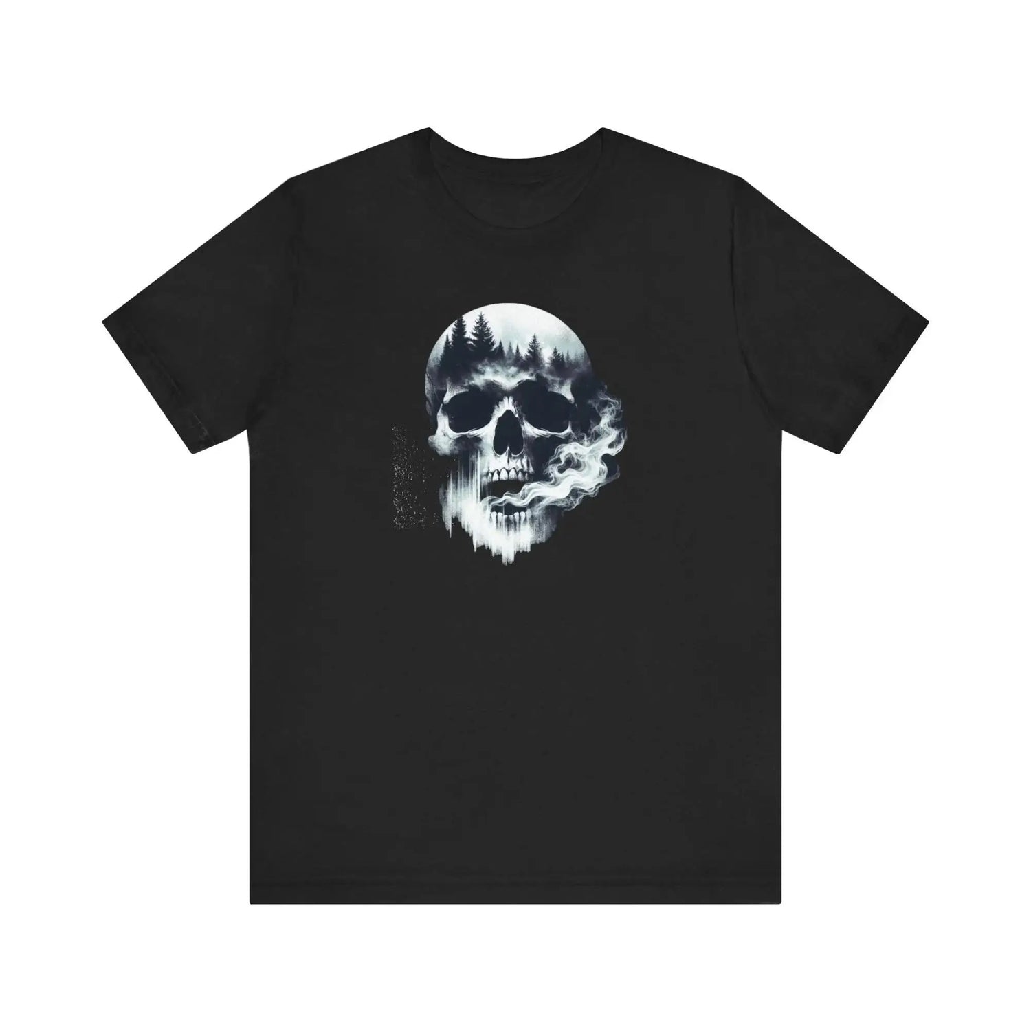 Vibrant horror graphic tee with skeleton motif on a model in a dark forest, white/black accents, white background, horror vibe